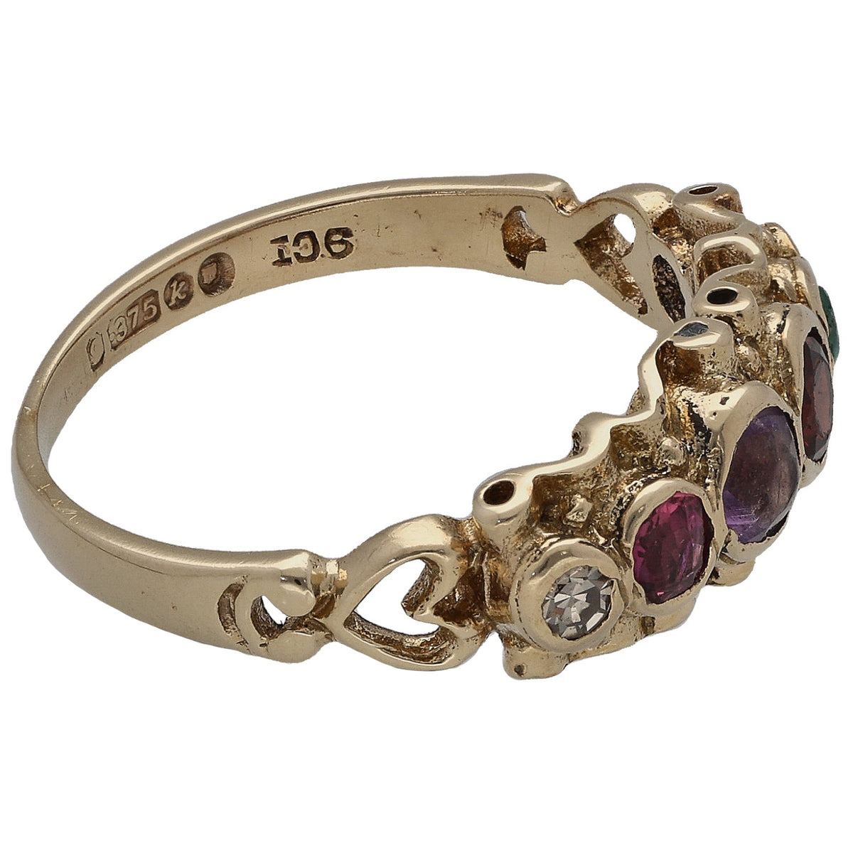 9ct gold ring with engraved inner band and multicolor round gemstone settings