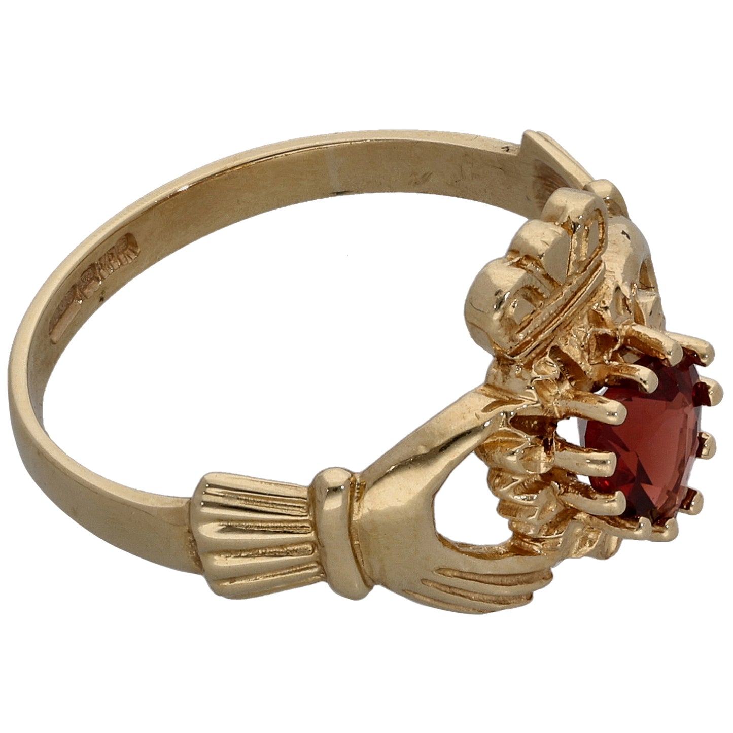 9ct Gold Garnet Claddagh Ring Size M