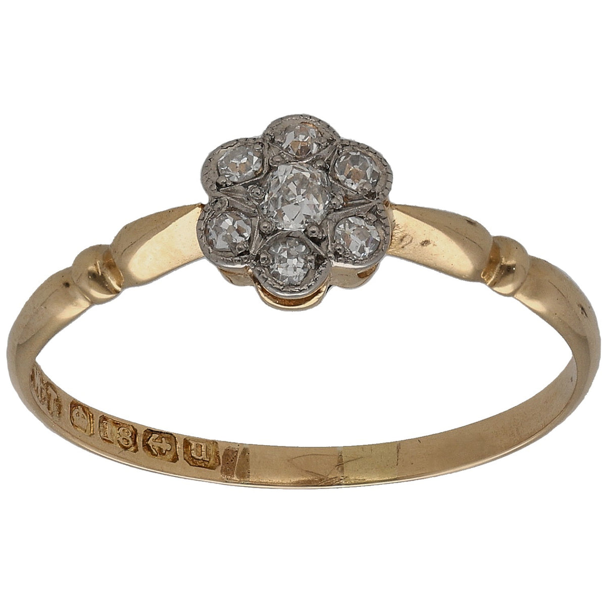 Gold old-mine diamond cluster ring with three round stones on top, slim band