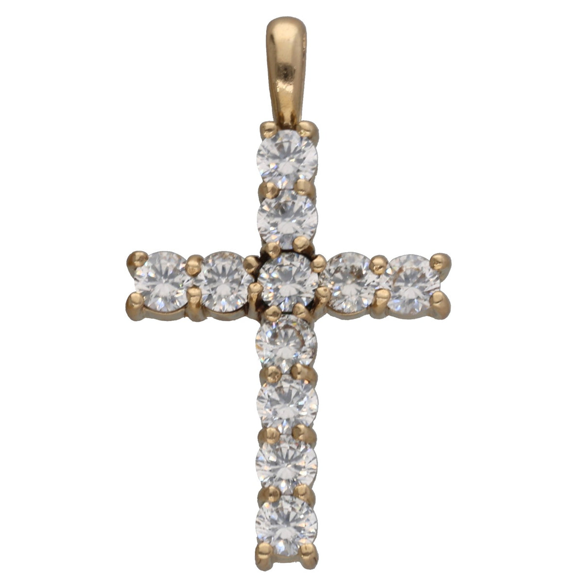 Gold CZ cross pendant with round clear stones in a cross shape