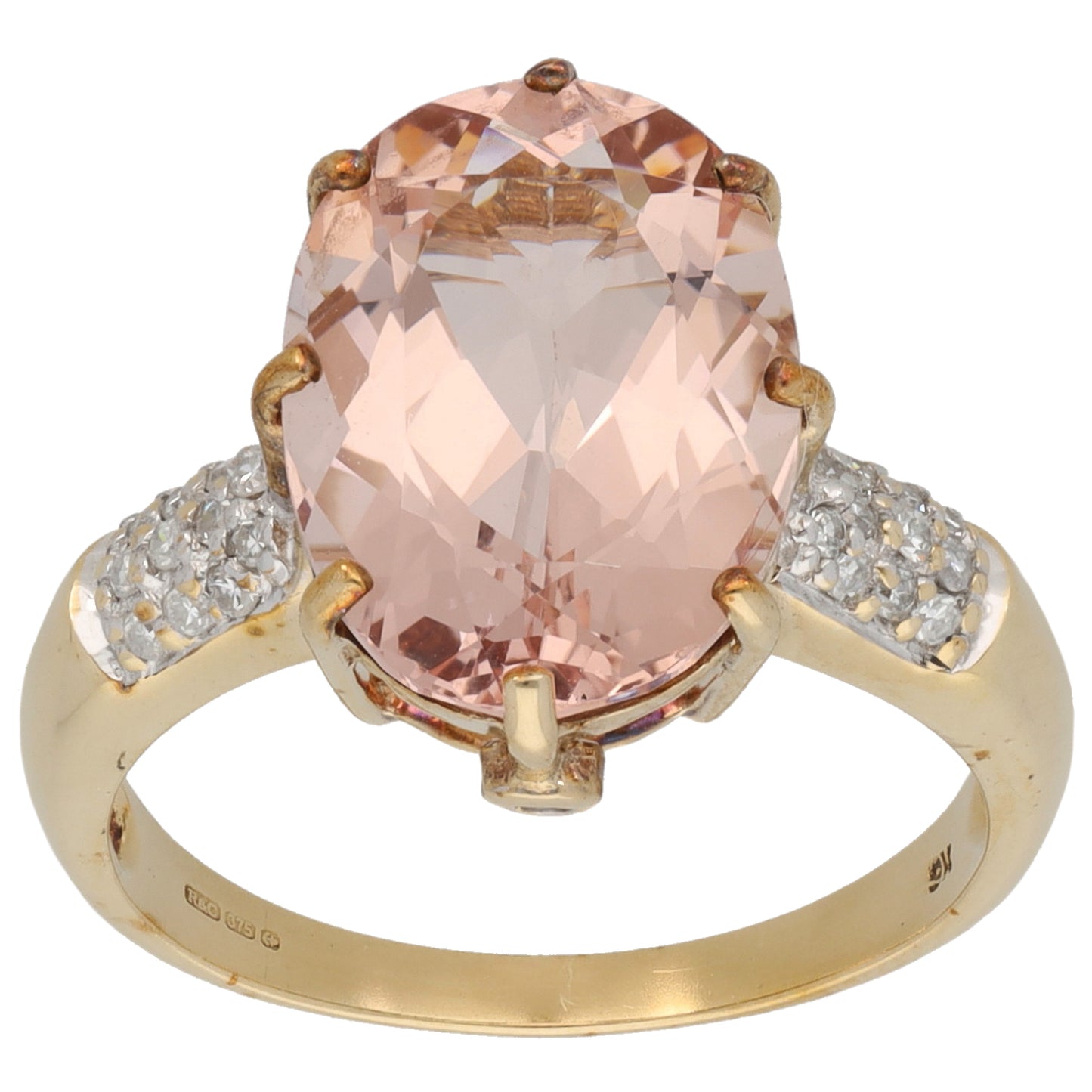 9ct Gold Morganite & 0.13ct Diamond Single Stone Ring with Accent Stones Size N