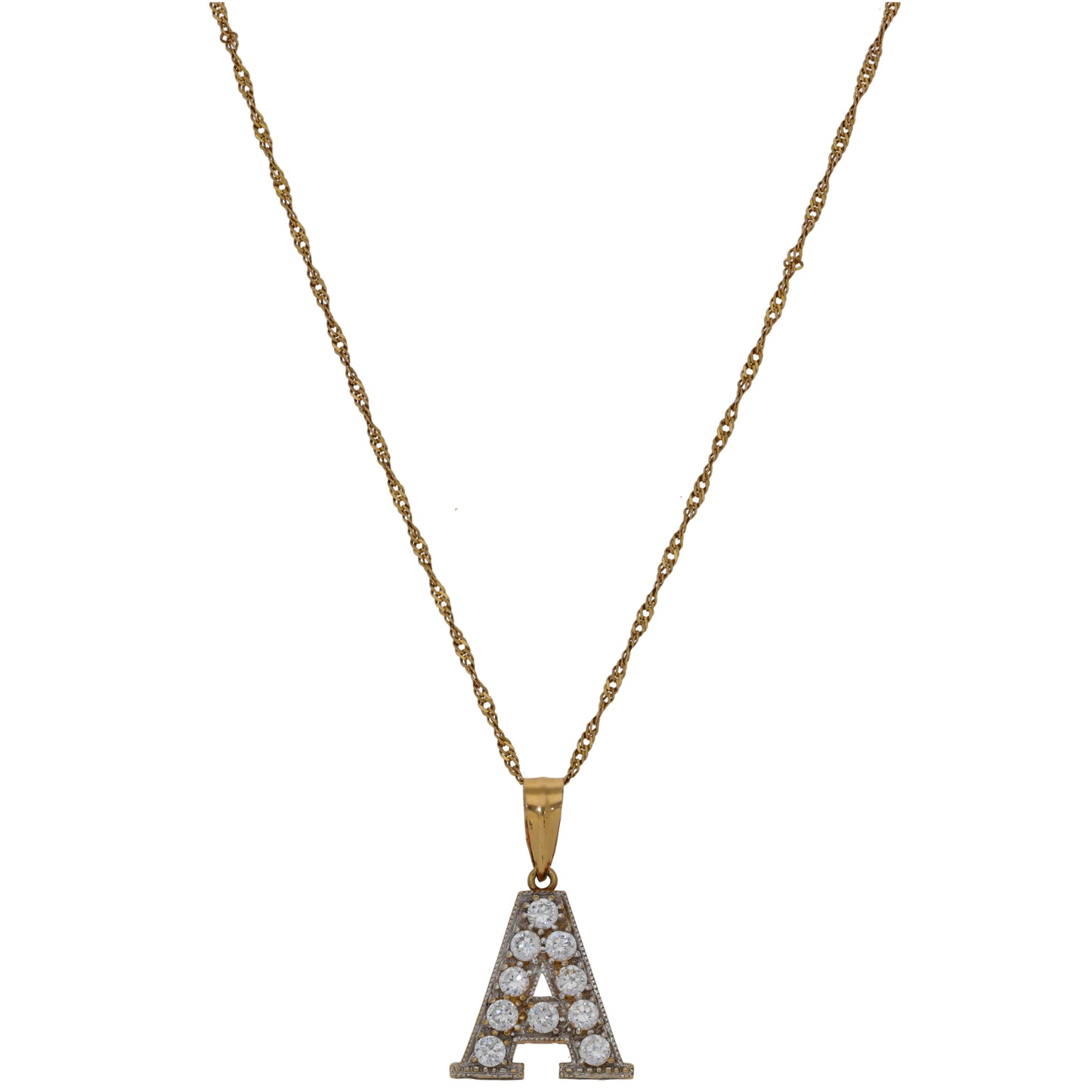 9ct Gold Cubic Zirconia Initial 'A' Pendant With Chain