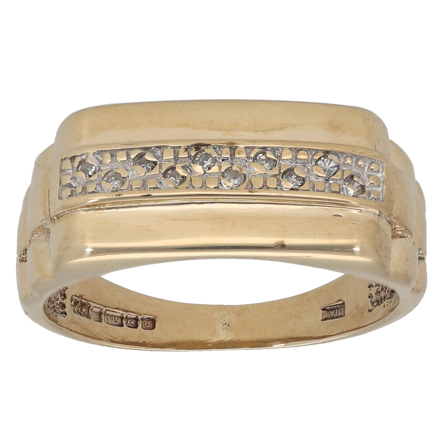 9ct Gold 0.10ct Diamond Patterned Signet Ring Size Q