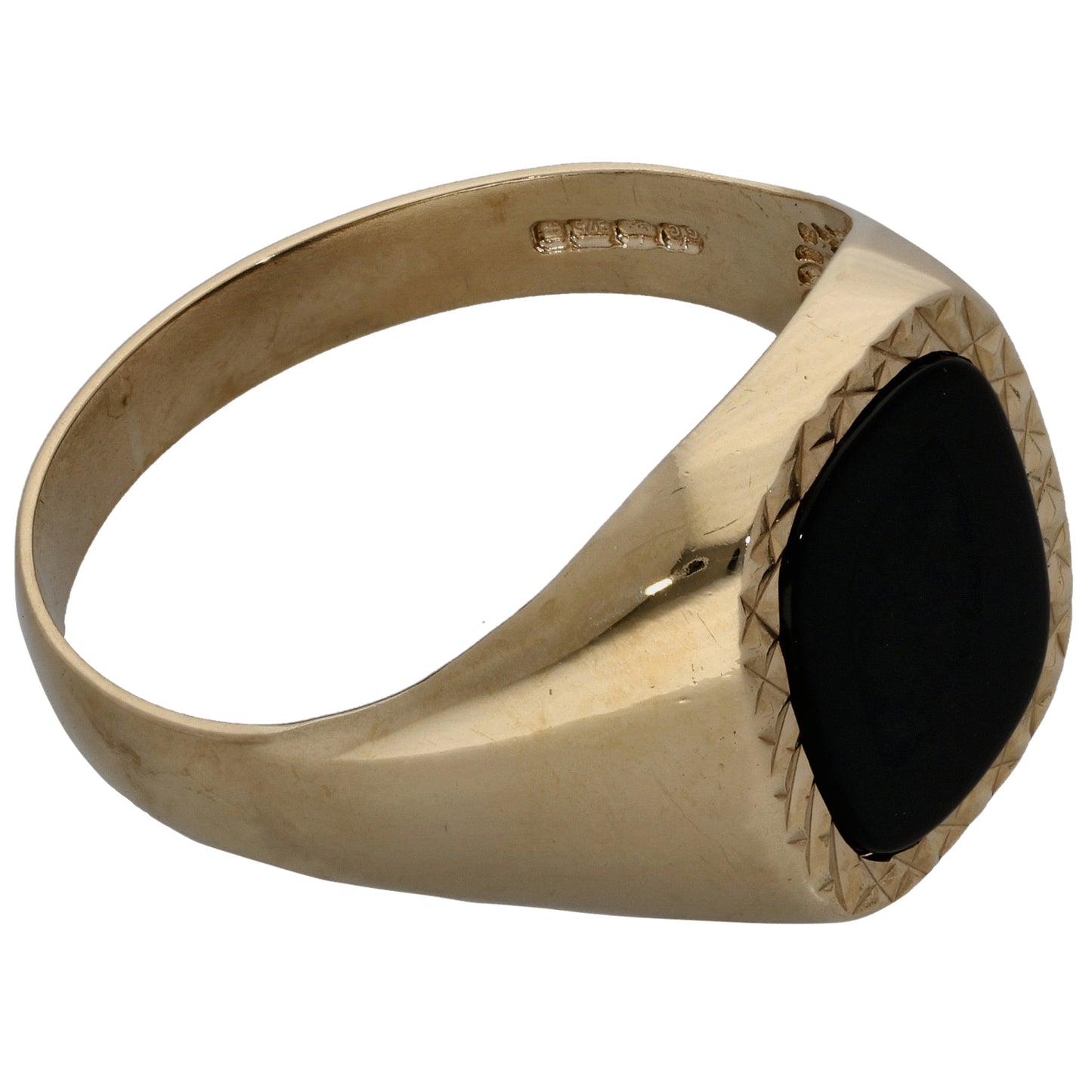 9ct Gold Onyx Patterned Single Stone Signet Ring Size W