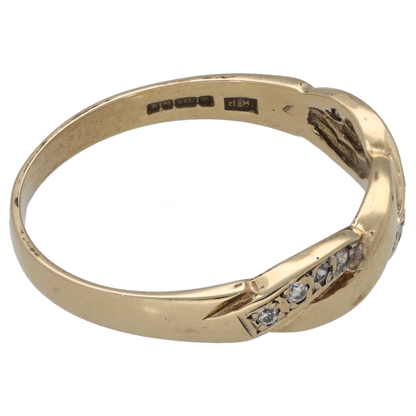 Gold-tone CZ alternative ring with side set stones and inner hallmark detail