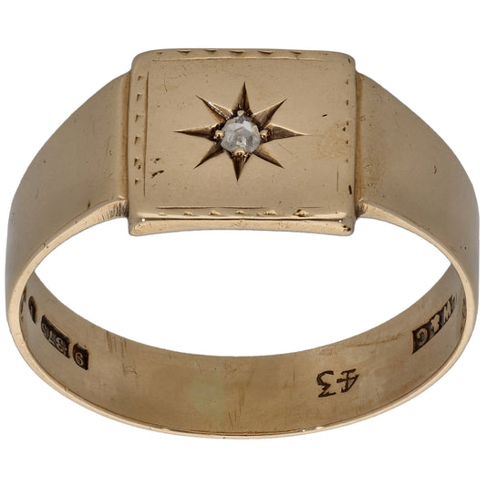 9ct Gold 0.03ct Diamond Patterned Single Stone Signet Ring Size S