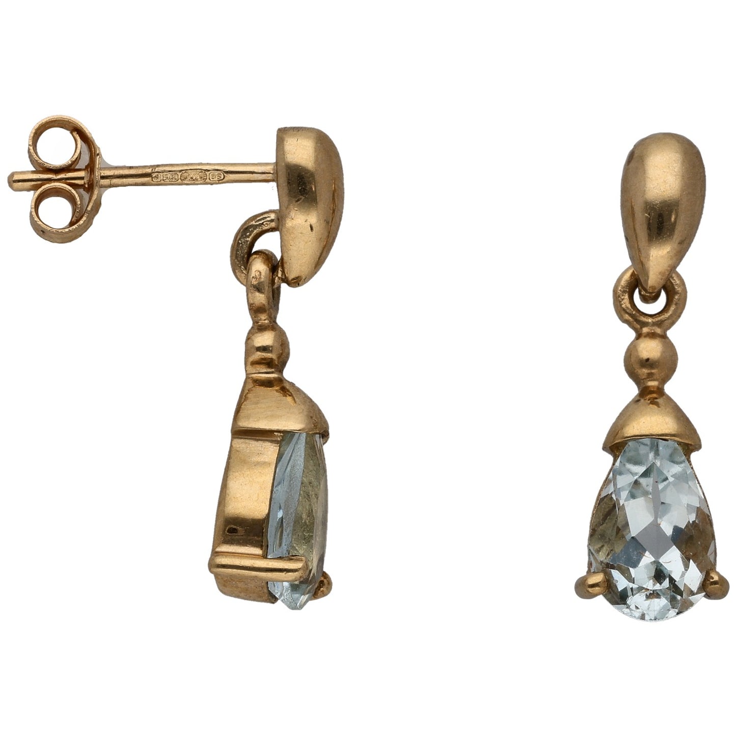 9ct gold drop earrings with dangling aquamarine-blue faceted teardrop stones
