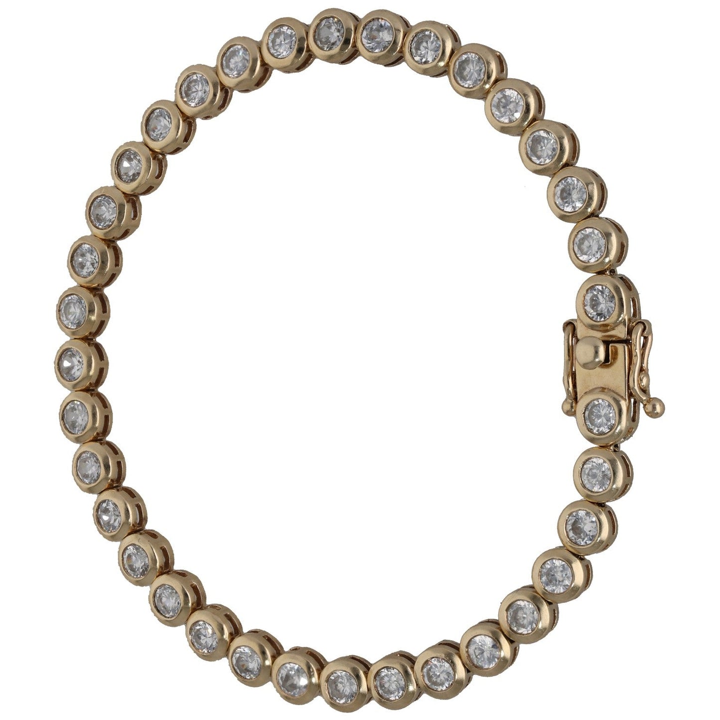 Gold-tone tennis-style bracelet with round CZ stones and padlock clasp.