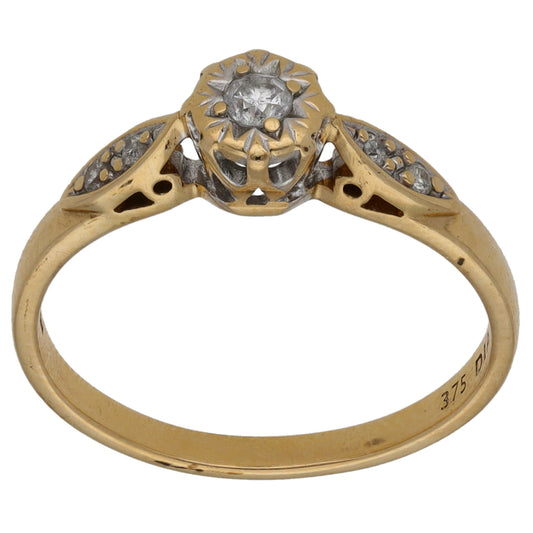 9ct Gold 0.10ct Diamond Solitaire Ring With Accent Stones Size L