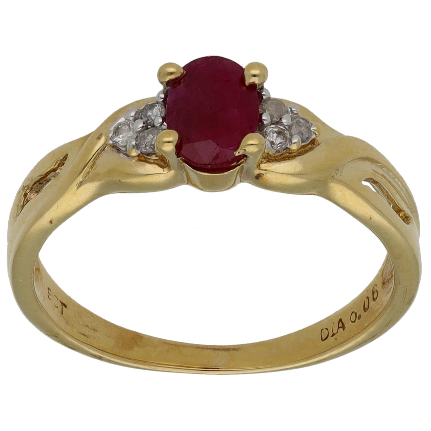 9ct Gold Glass Filled Ruby & 0.06ct Diamond Single Stone Ring with Accent Stones Size M