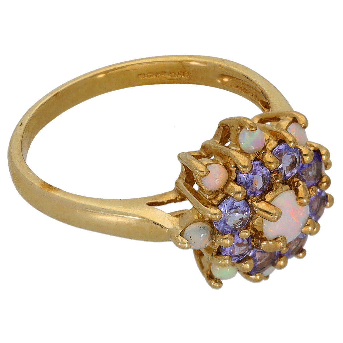 9ct gold cocktail ring angled view with purple tanzanite and opal accent stones