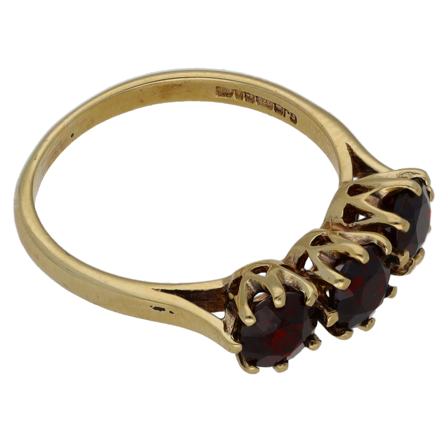 9ct Gold Garnet Three Stone Ring Size O