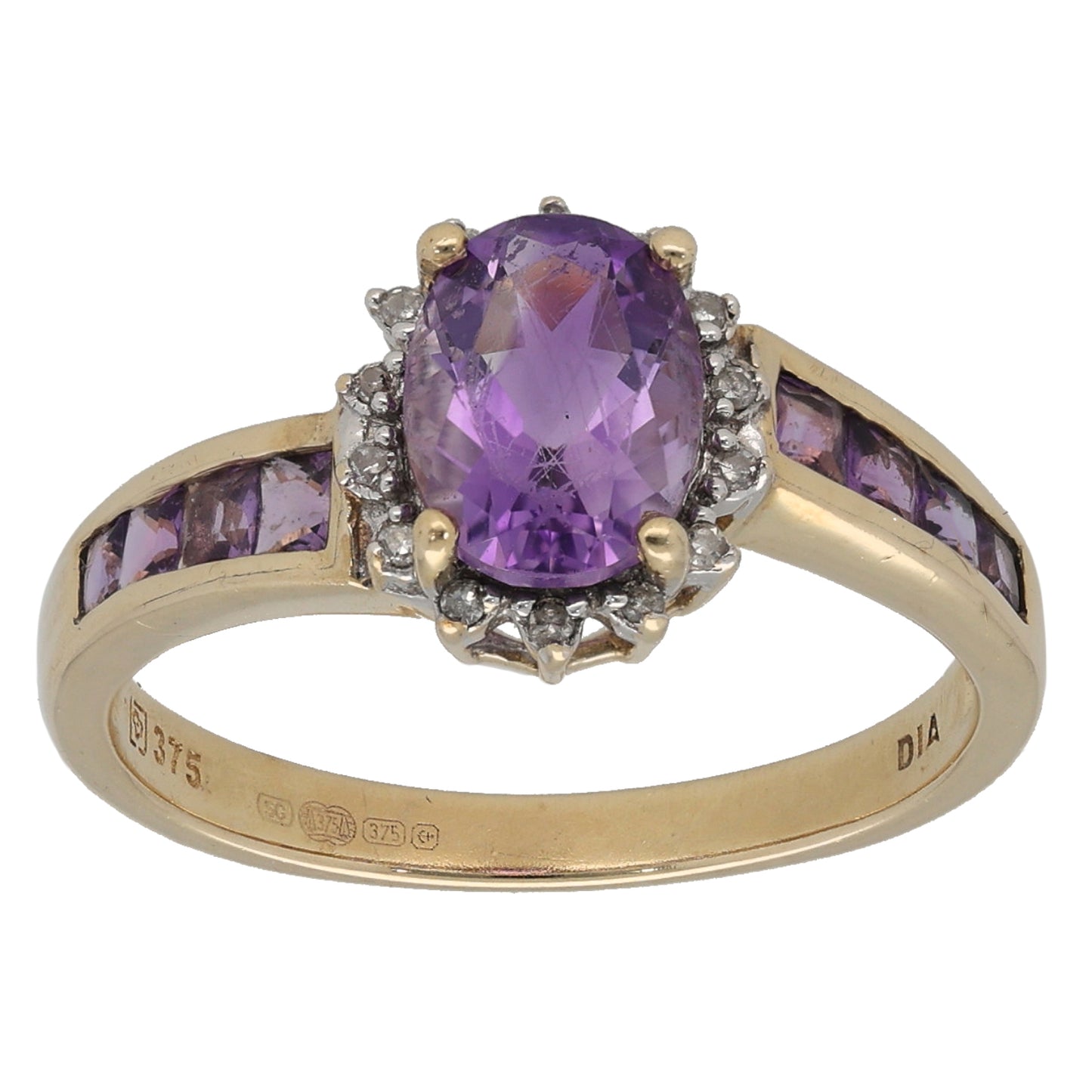 9ct Gold Amethyst & 0.07ct Diamond Dress/Cocktail Ring Size N