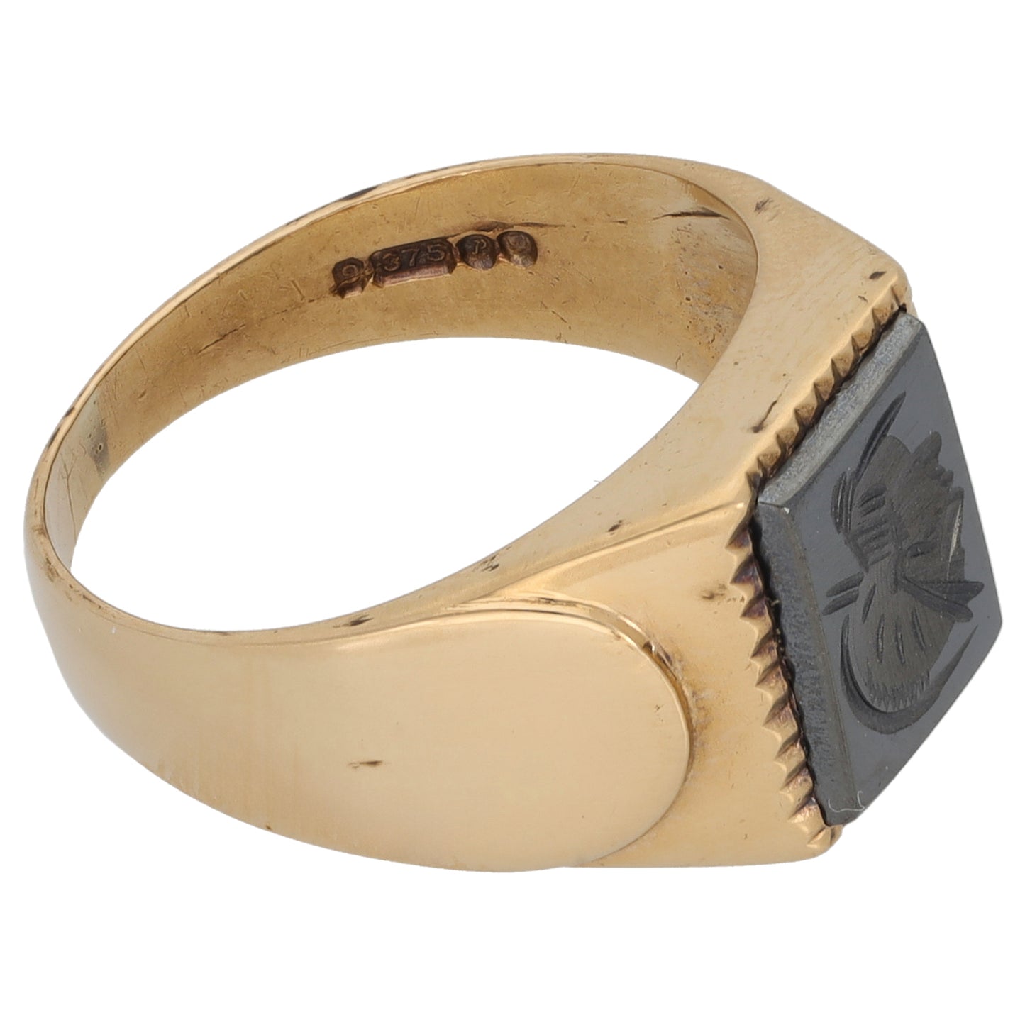 9ct Gold Hematite Patterned Signet Ring Size O