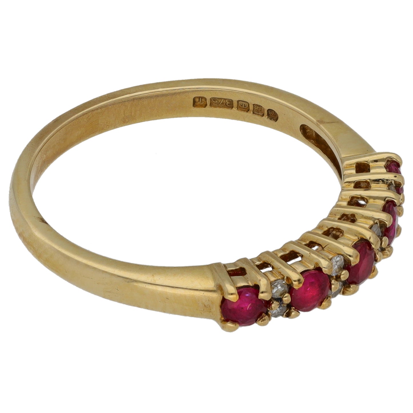 9ct Gold Glass Filled Ruby & 0.04ct Diamond Half Eternity Ring Size P