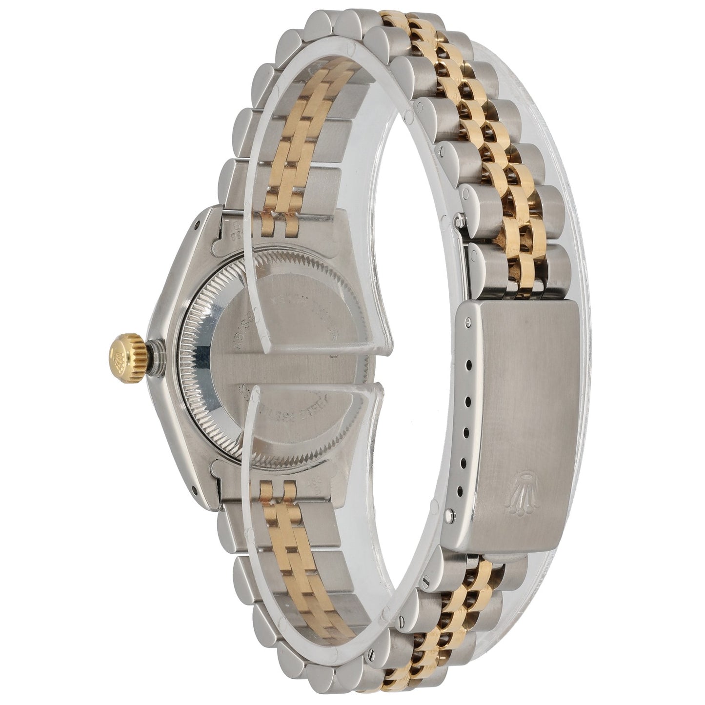 Rolex Oyster Perpetual 69173 bi-colour watch side view with gold links on silver case