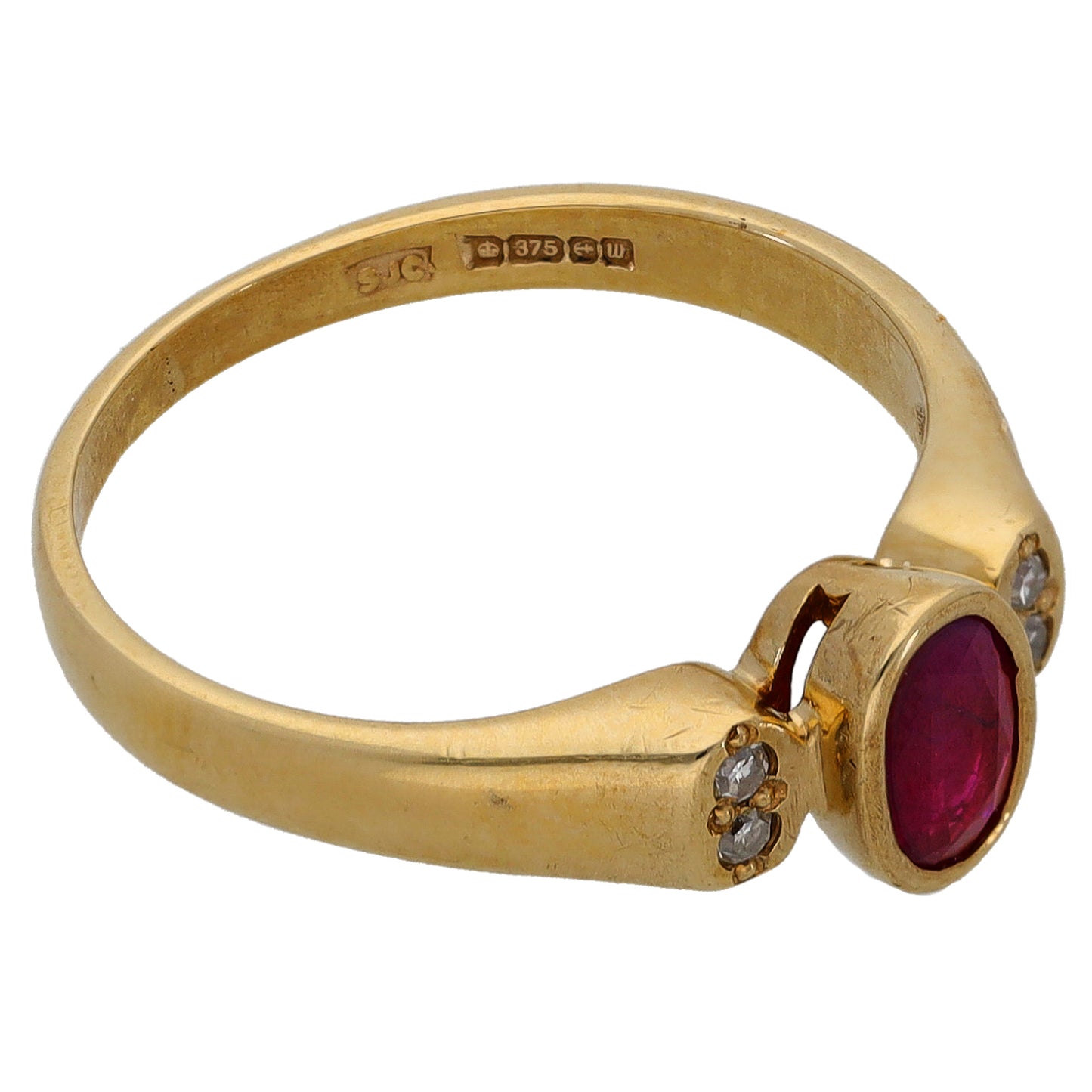 9ct Gold Glass Filled Ruby & 0.04ct Diamond Single Stone Ring With Accents Size M