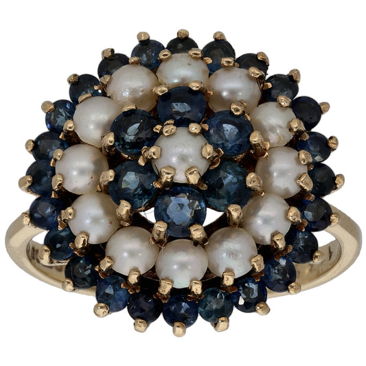 9ct Gold Sapphire & Cultured Pearl Dress Ring Antique & Vintage Size L