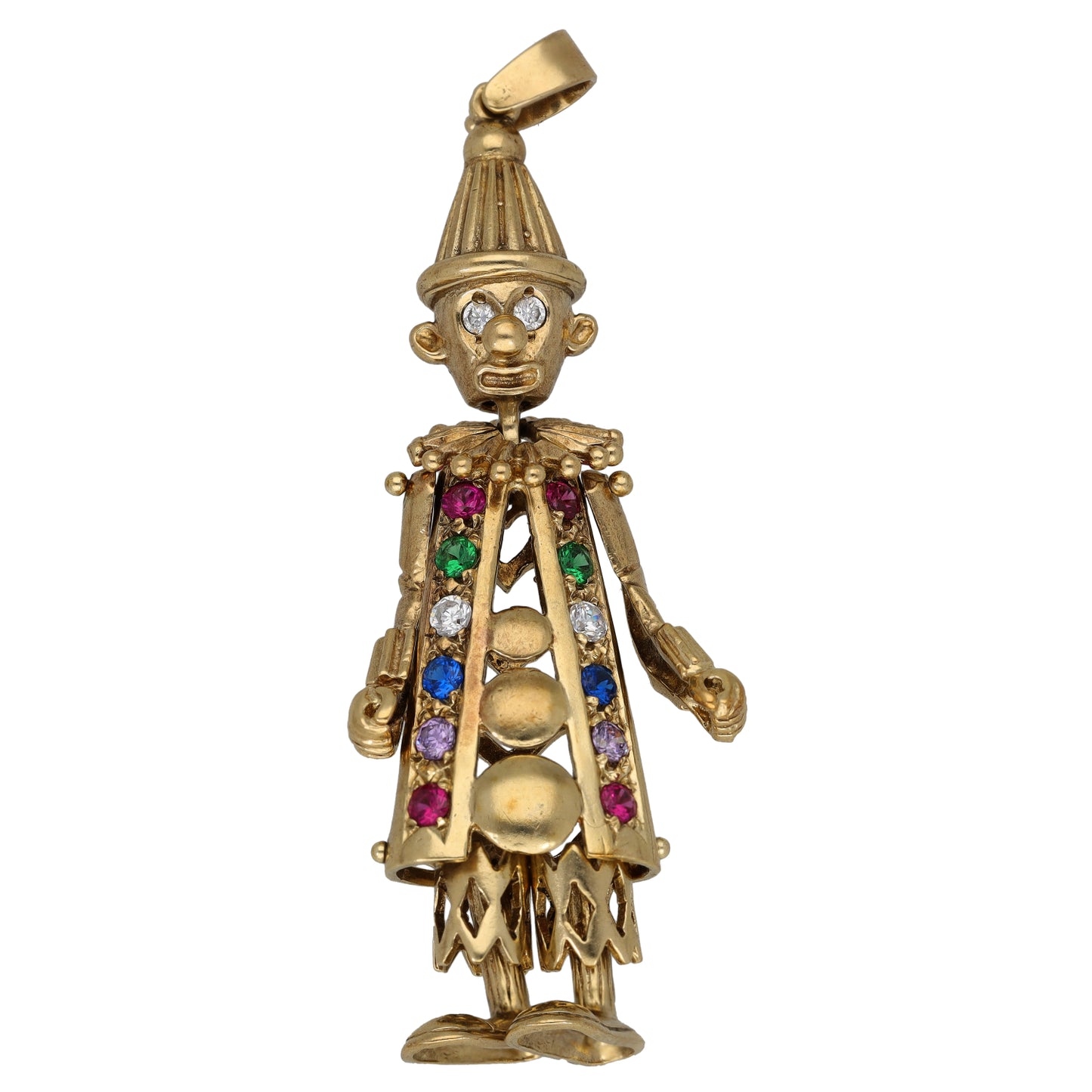 Gold-tone clown doll character pendant with multicolor gemstone accents and top bail