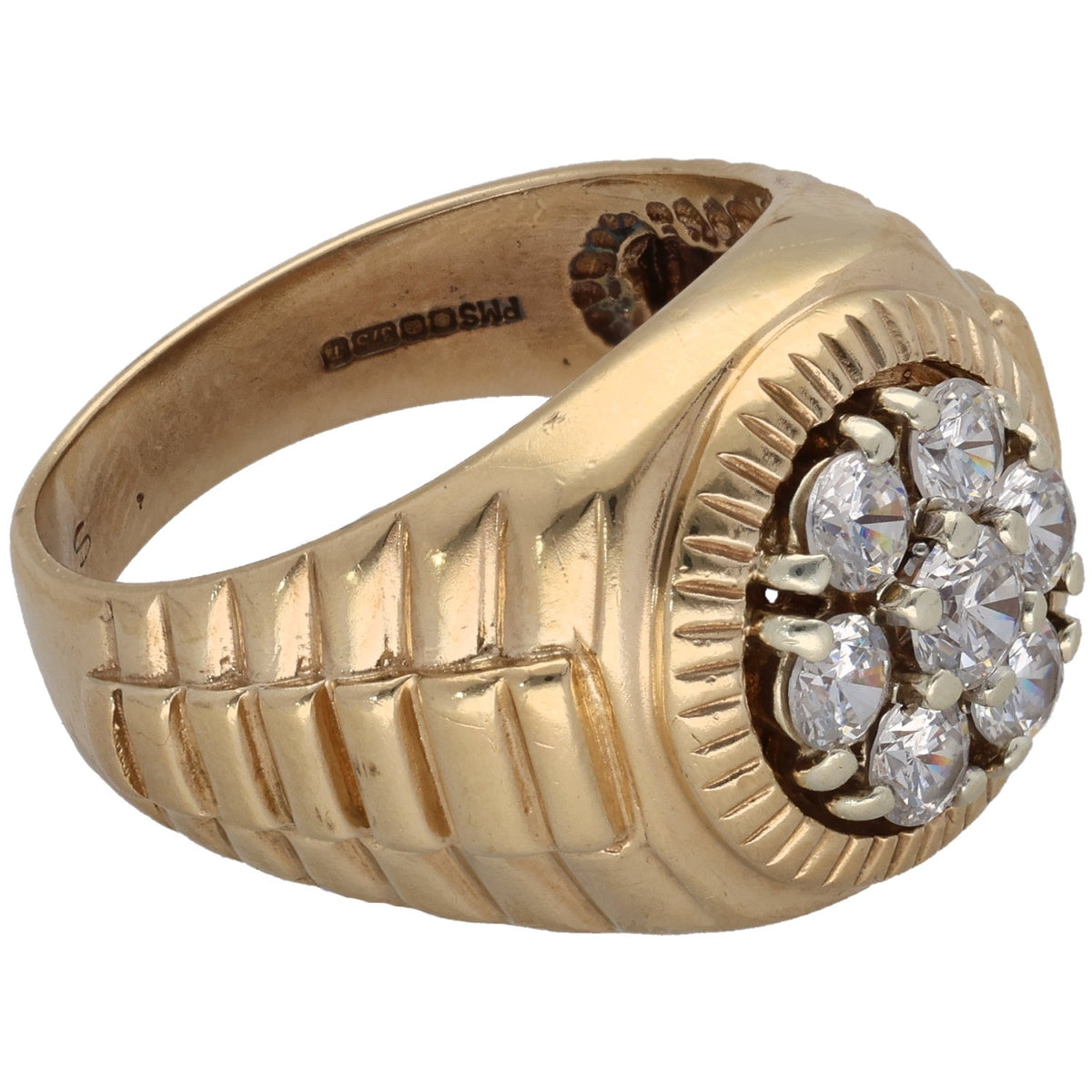 Gold textured band ring with oval halo of round CZ-style stones, side profile
