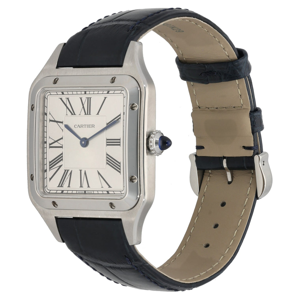 Cartier Santos Dumont WSSA0022, silver dial in stainless steel case with black leather bracelet, sapphire crown angle