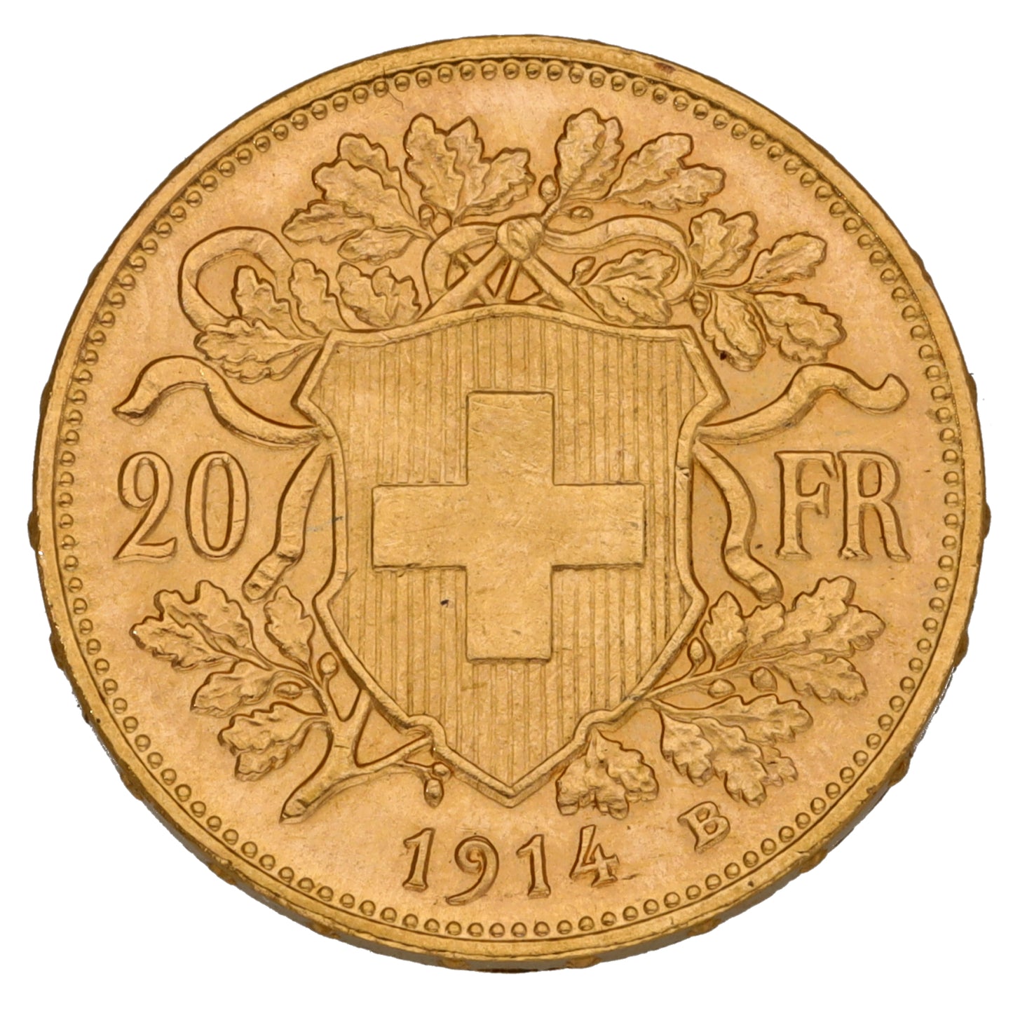22ct Gold Helvetia Swiss 20 Francs Coin 1914