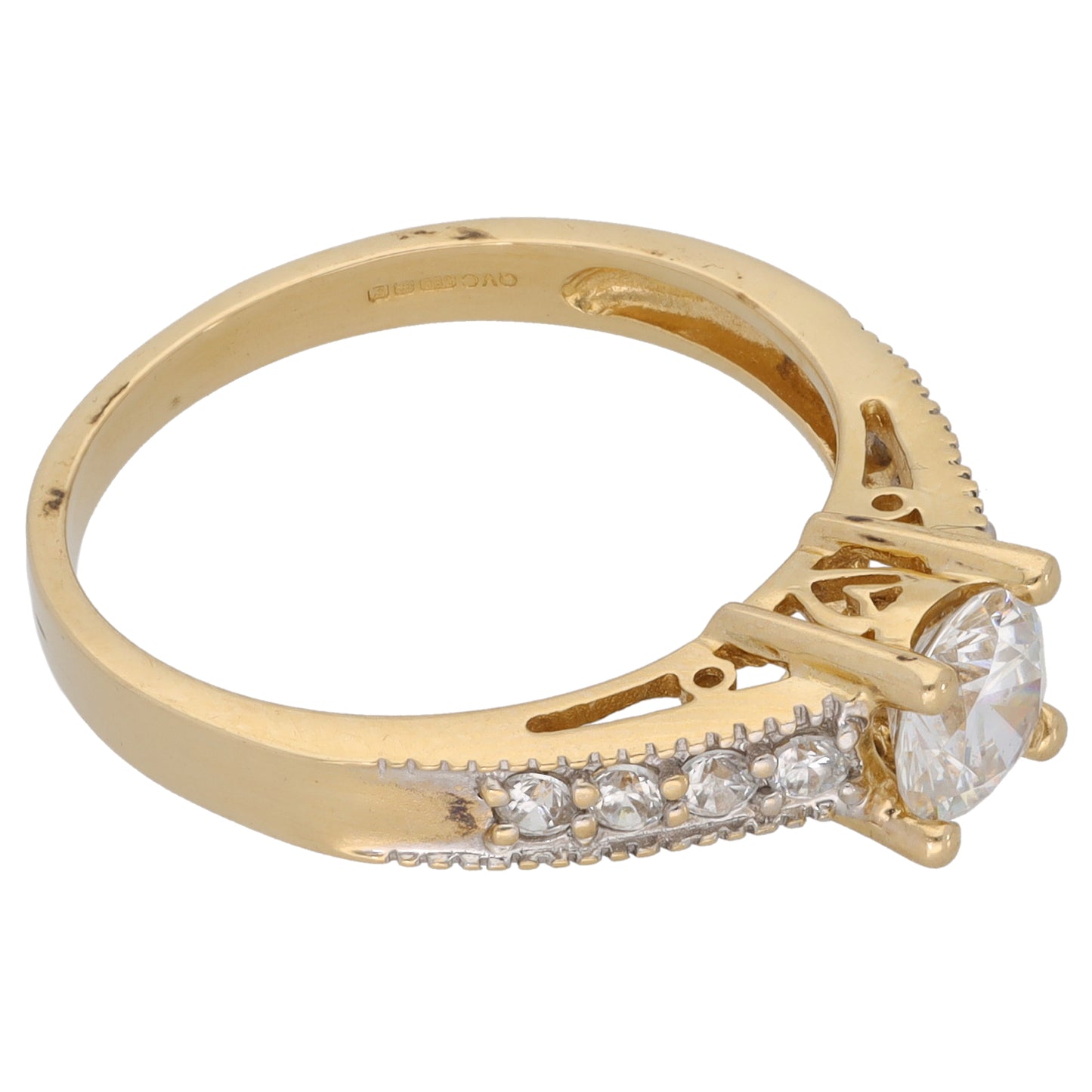 14ct Gold Cubic Zirconia Single Stone Ring with Accent Stones Size Q