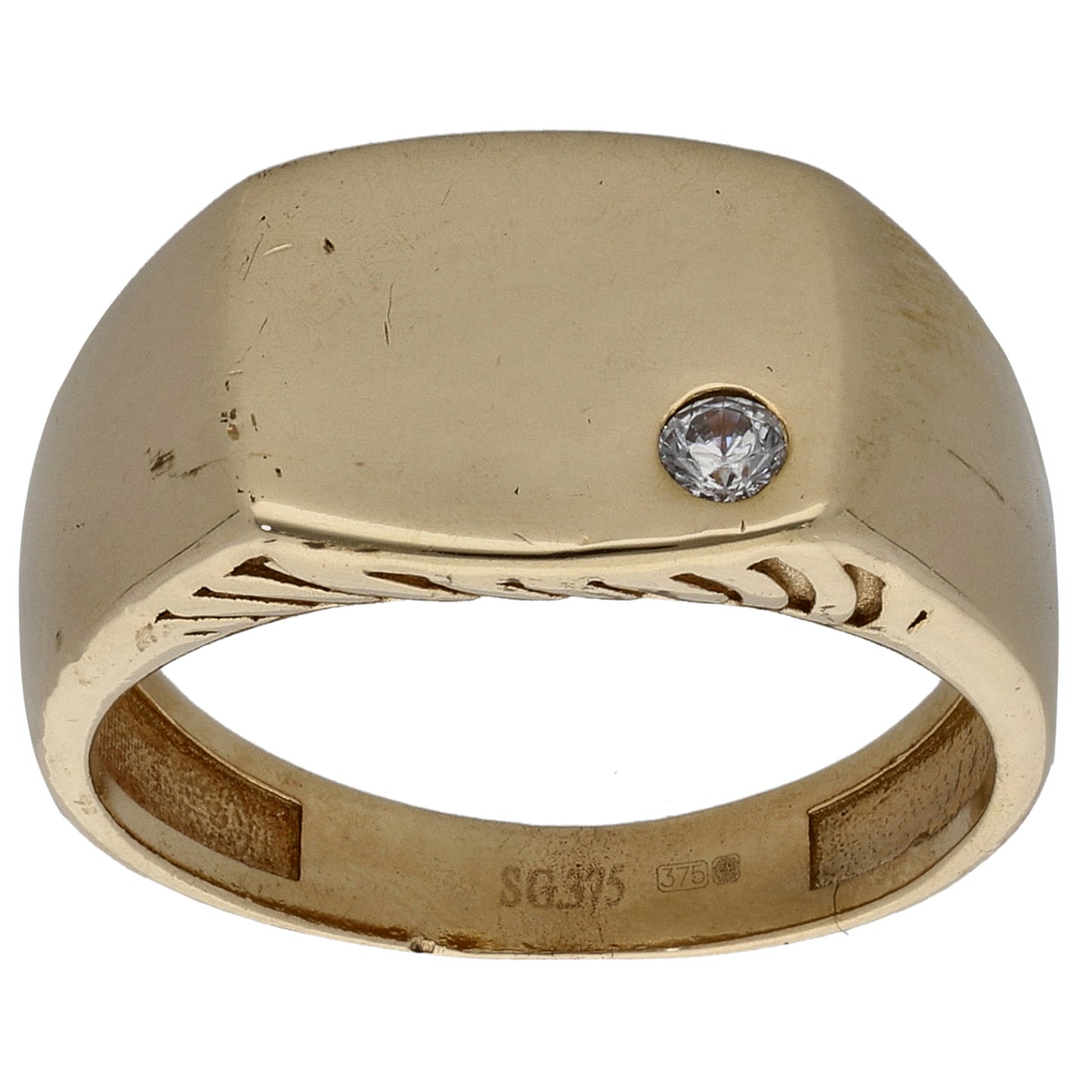 9ct Gold Cubic Zirconia Patterned Single Stone Signet Ring Size R