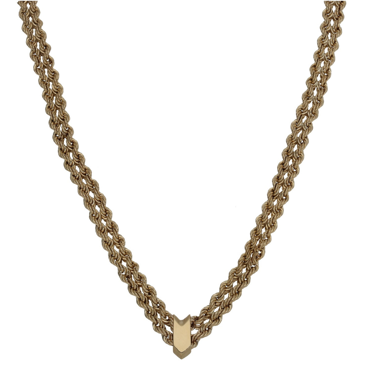 Gold chain necklace with chunky twisted links and V-shaped clasp charm pendant