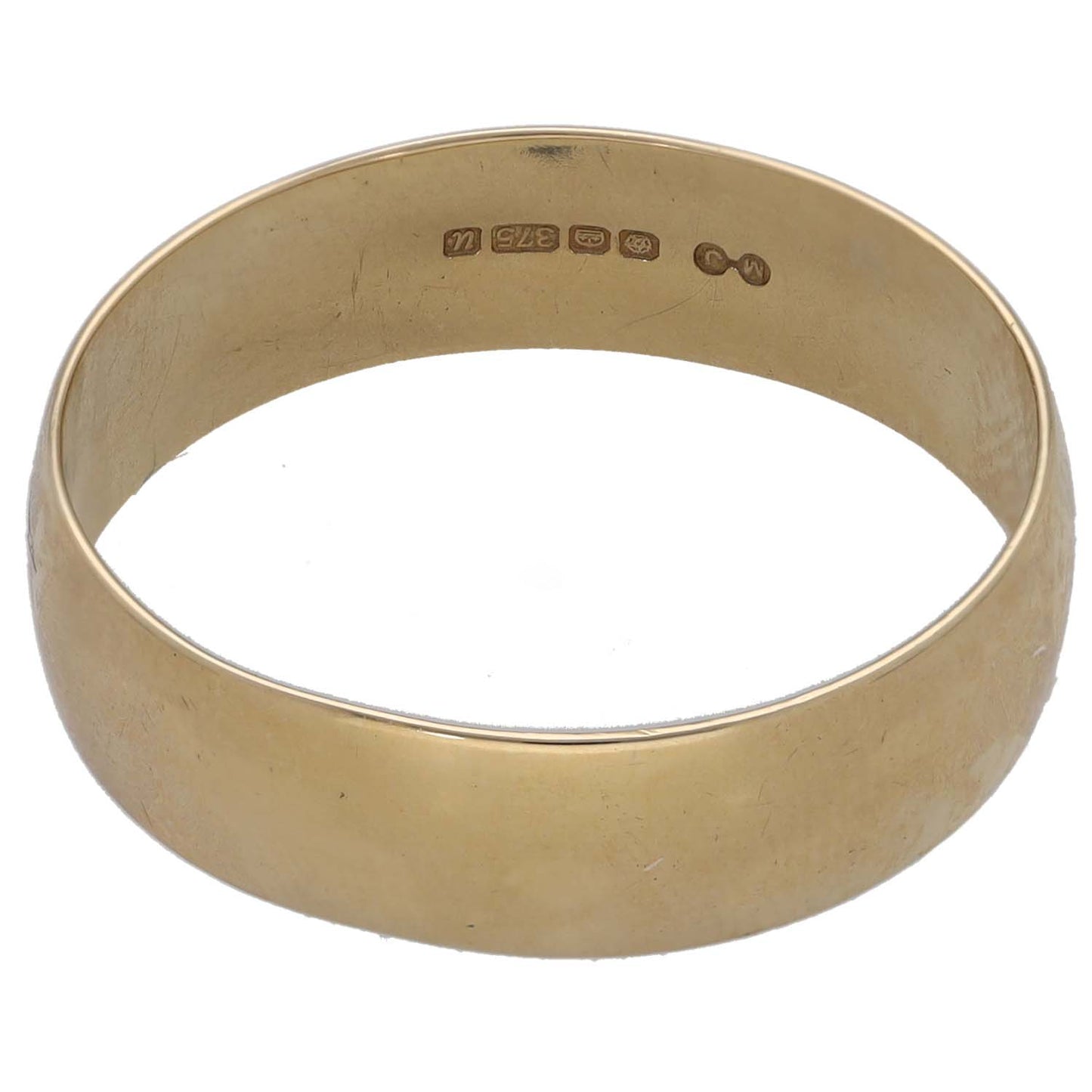 9ct gold plain wedding ring with inside hallmark markings, smooth polished band