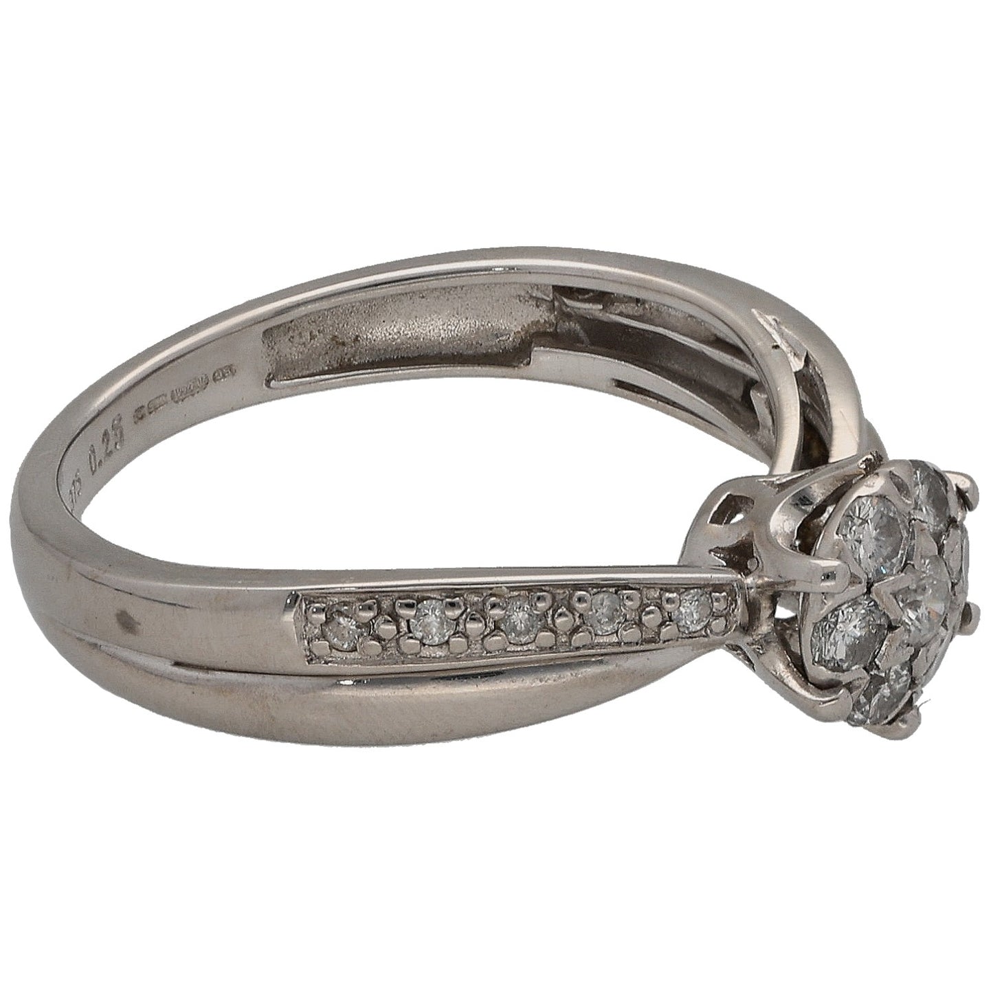 White gold diamond cluster ring with round stones, side view