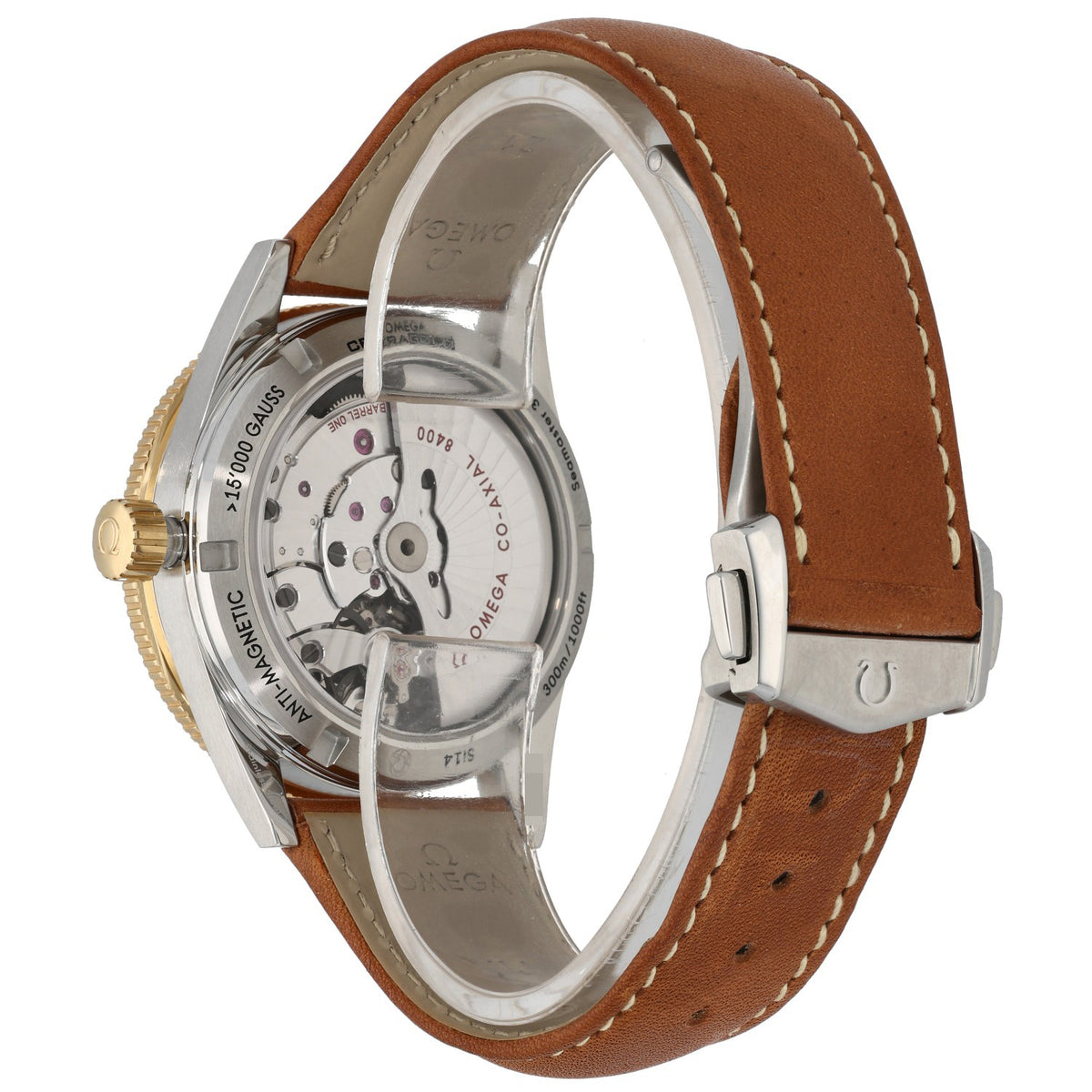 Omega Seamaster 300 233.22.41.21.01.001 , open case-back and tan brown leather bracelet.