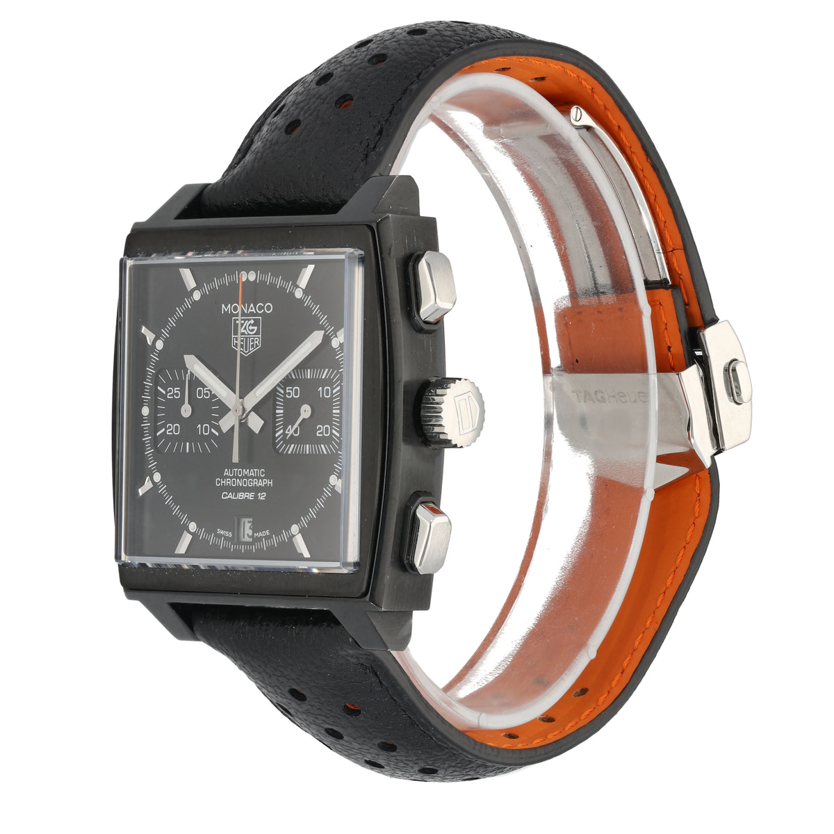 Tag Heuer Monaco CAW211M watch in black case with orange-accent perforated leather strap