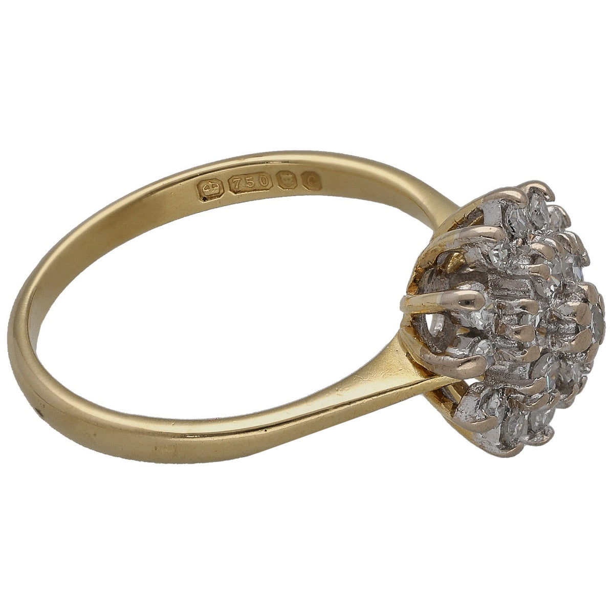 18ct gold ring with round diamond cluster on side, hallmarked inner band