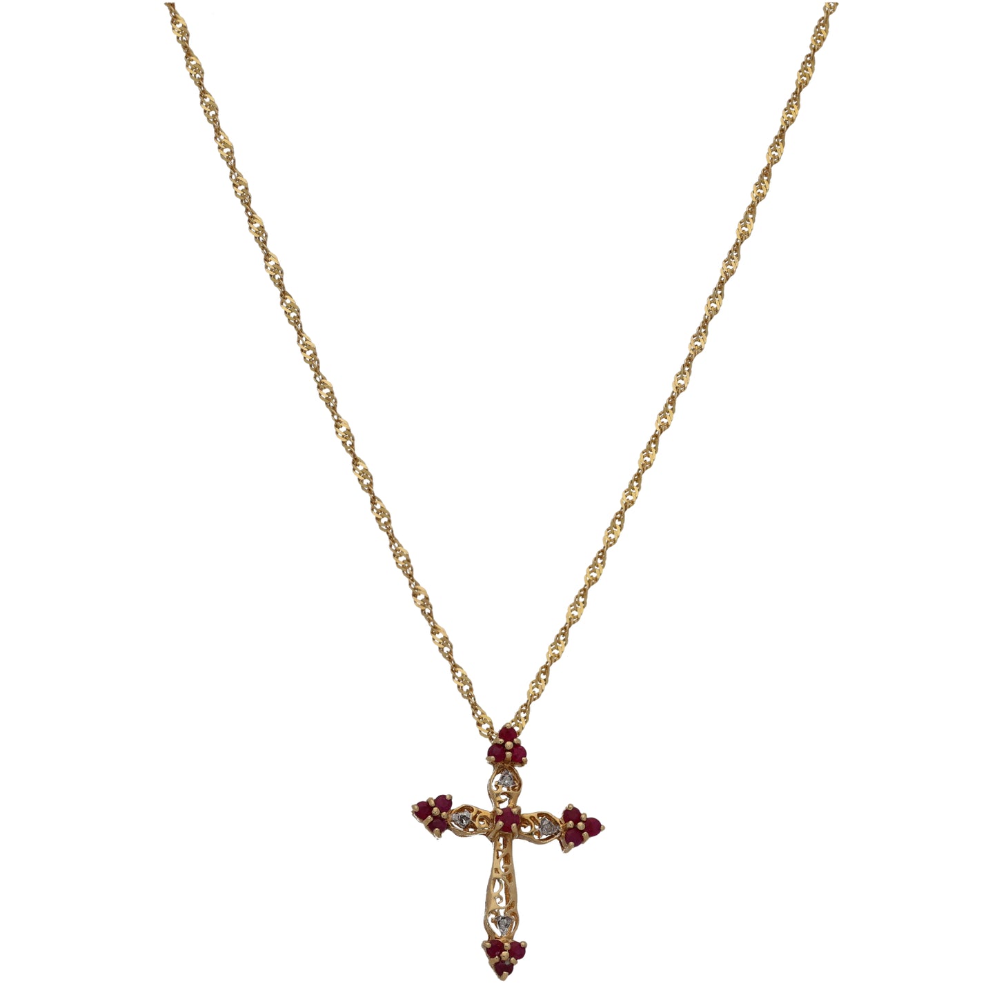 9ct Gold Ruby & 0.02ct Diamond Cross Pendant With Chain