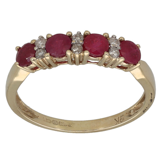 9ct Gold Glass Filled Ruby & 0.06ct Diamond Half Eternity Ring Size N