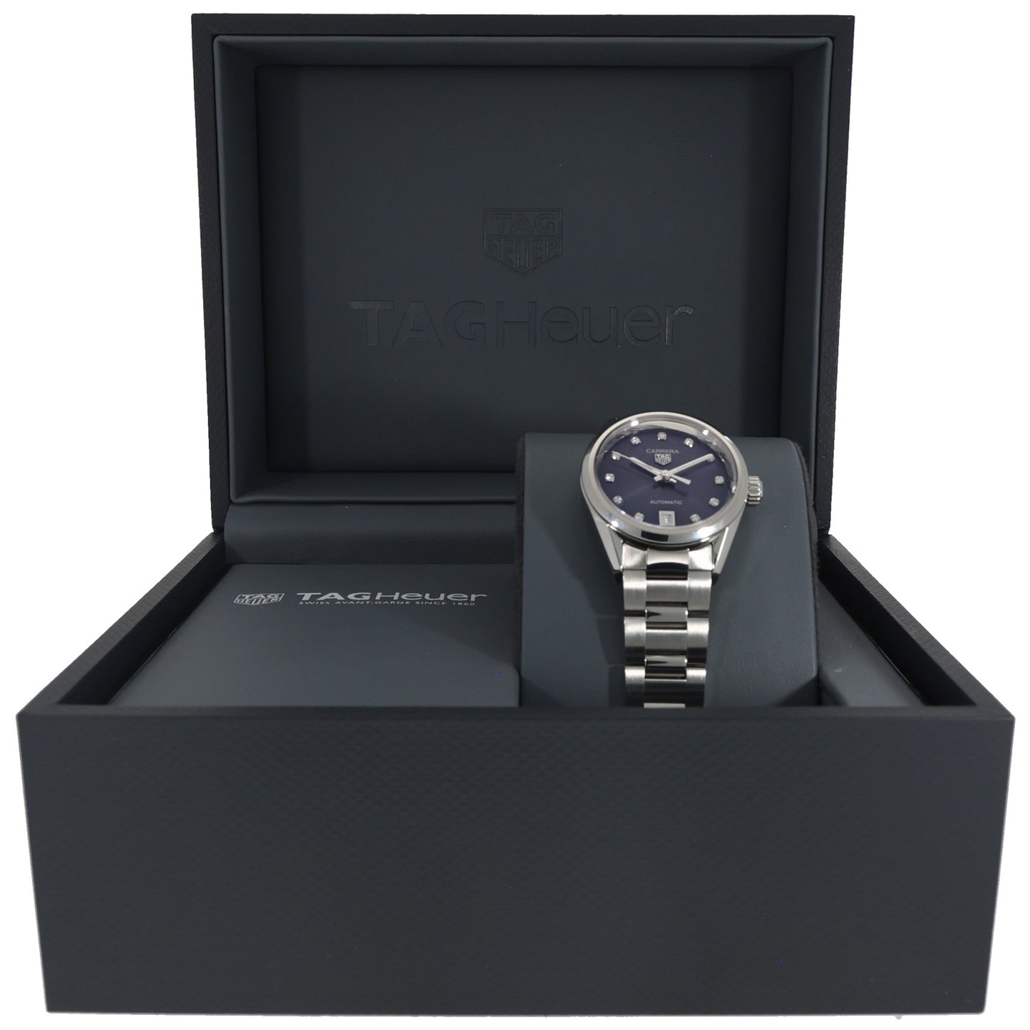 Stainless steel Tag Heuer Carrera WBN2413 automatic watch displayed in a dark presentation box