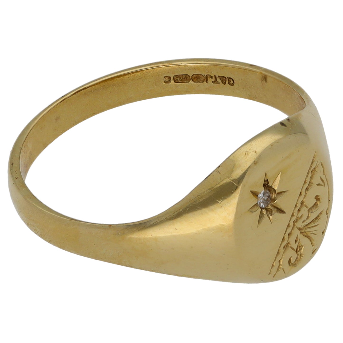 9ct Gold 0.005ct Diamond Single Stone Patterned Signet Ring Size O