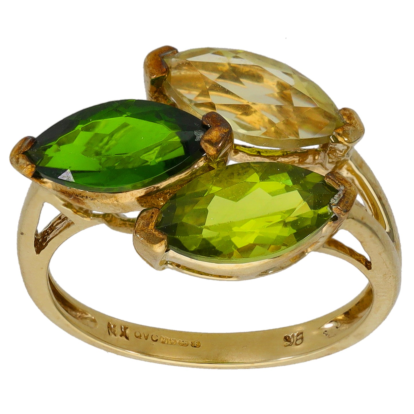 9ct Gold Quartz & Peridot & Diopside Three Stone Ring Size L