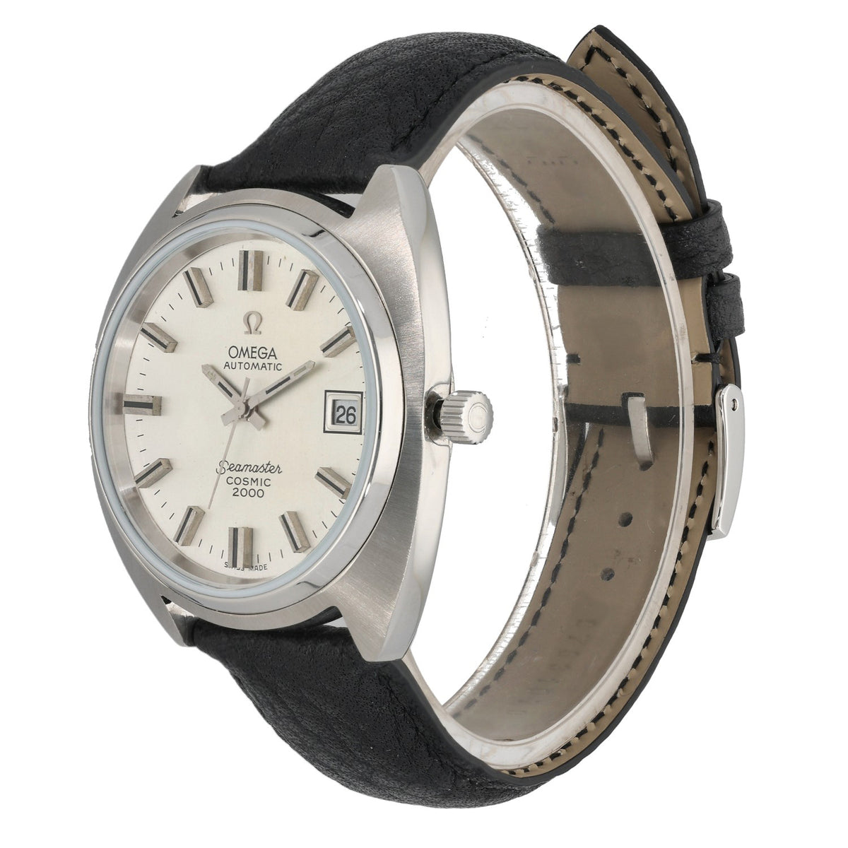 Omega Seamaster Cosmic 2000 ST.166.0130, 38mm stainless steel case with adjustable leather bracelet in black, side angle