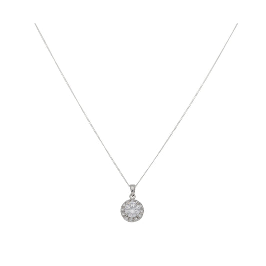 New Sterling Silver Cubic Zirconia Halo Pendant With Chain