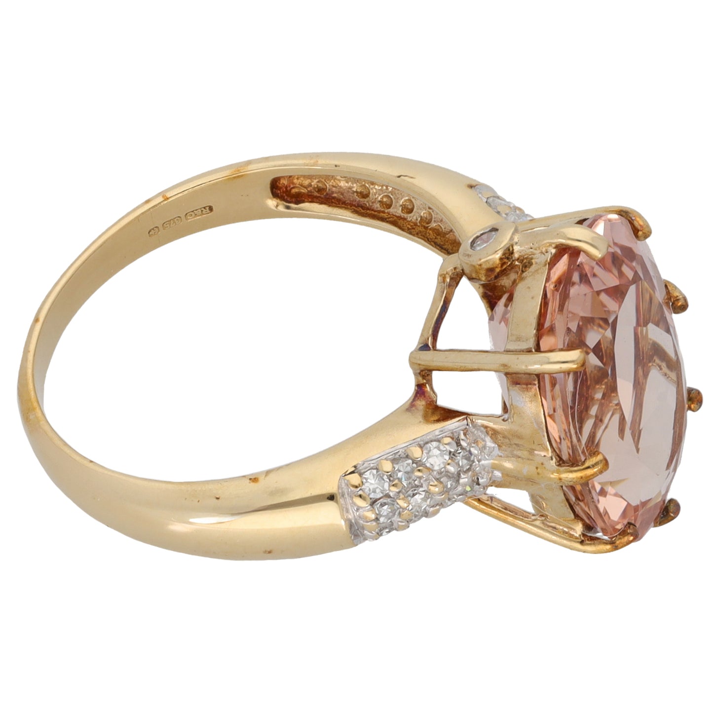 9ct Gold Morganite & 0.13ct Diamond Single Stone Ring with Accent Stones Size N