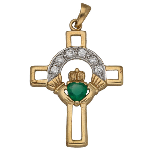 9ct Gold Man Made Emerald & Cubic Zirconia Cross Pendant