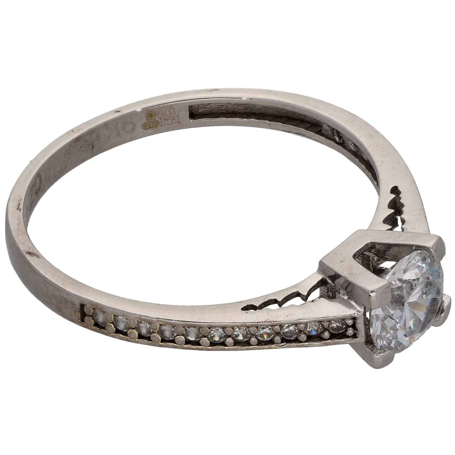 9ct White Gold Cubic Zirconia Single Stone Ring with Accent Stones Size O