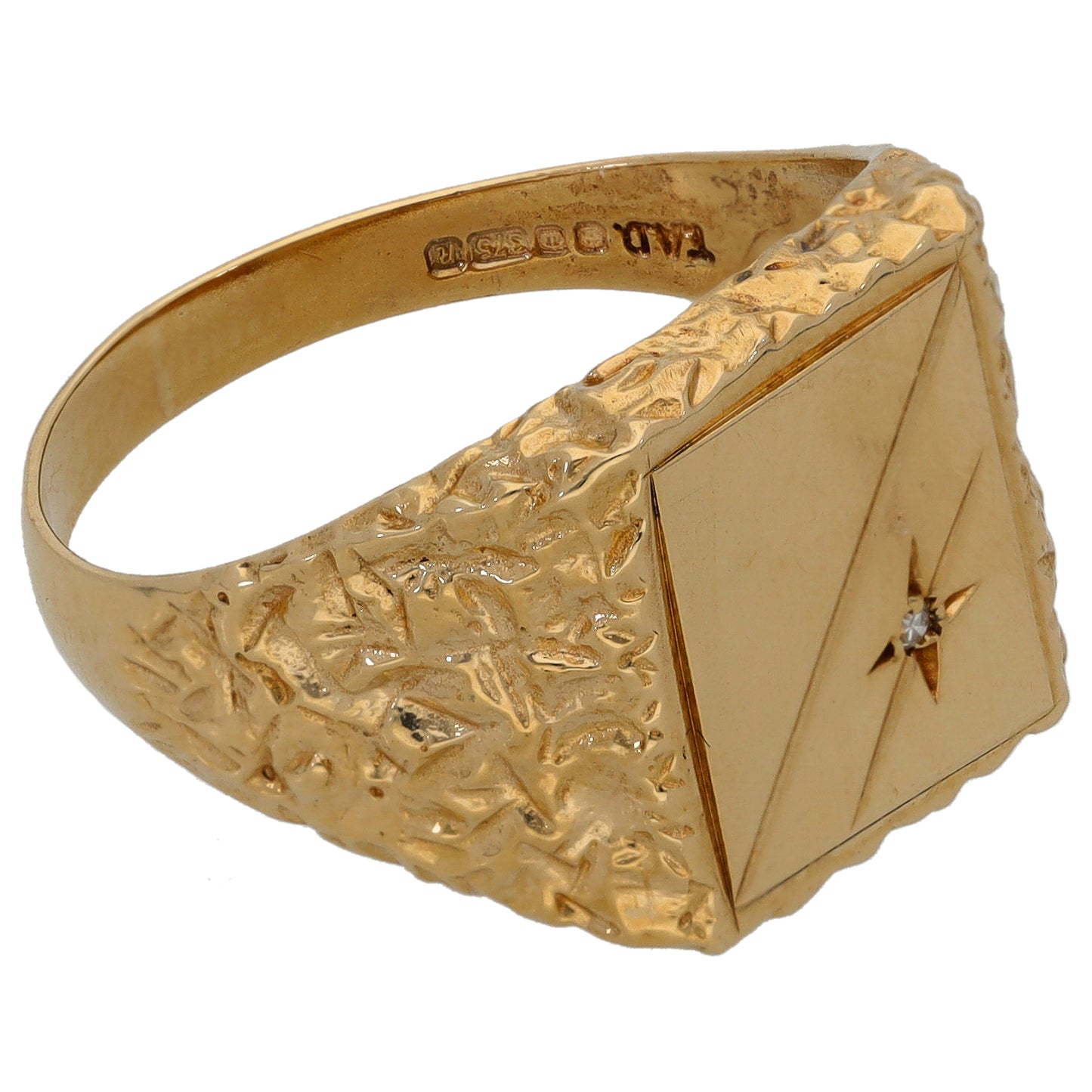 9ct Gold 0.005ct Diamond Single Stone Patterned Signet Ring Size V