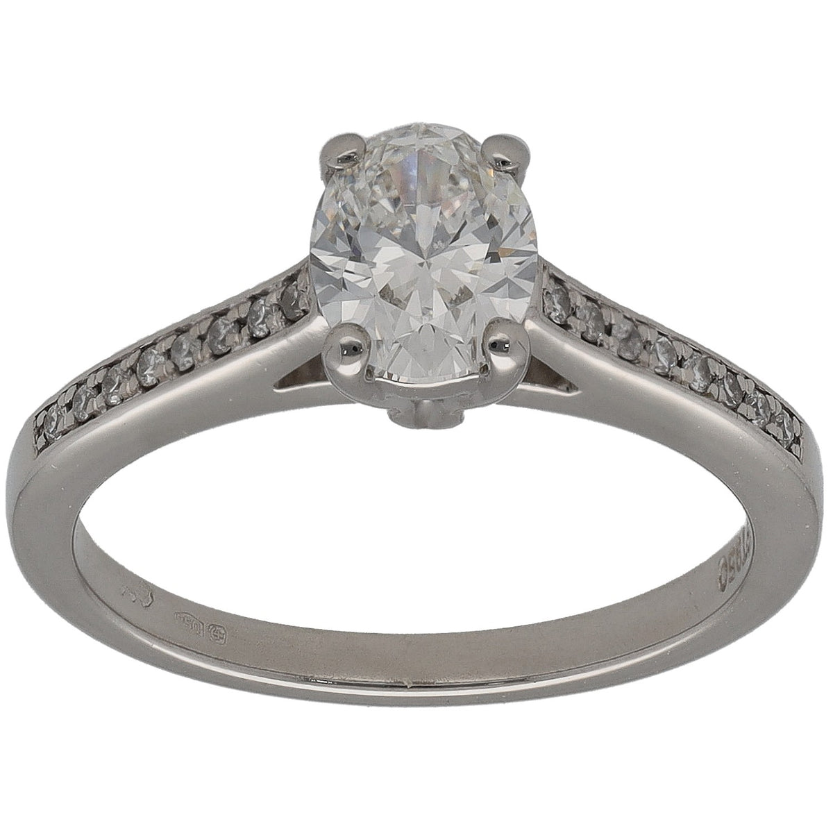 Platinum diamond solitaire ring with round center stone and pave accent on the band