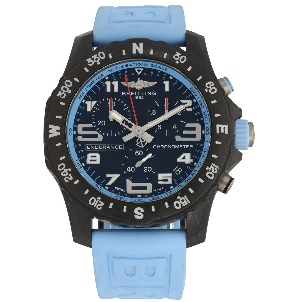 Breitling Endurance Pro X82310 Black bezel chronograph watch with blue dial and light blue silicone strap, 44mm