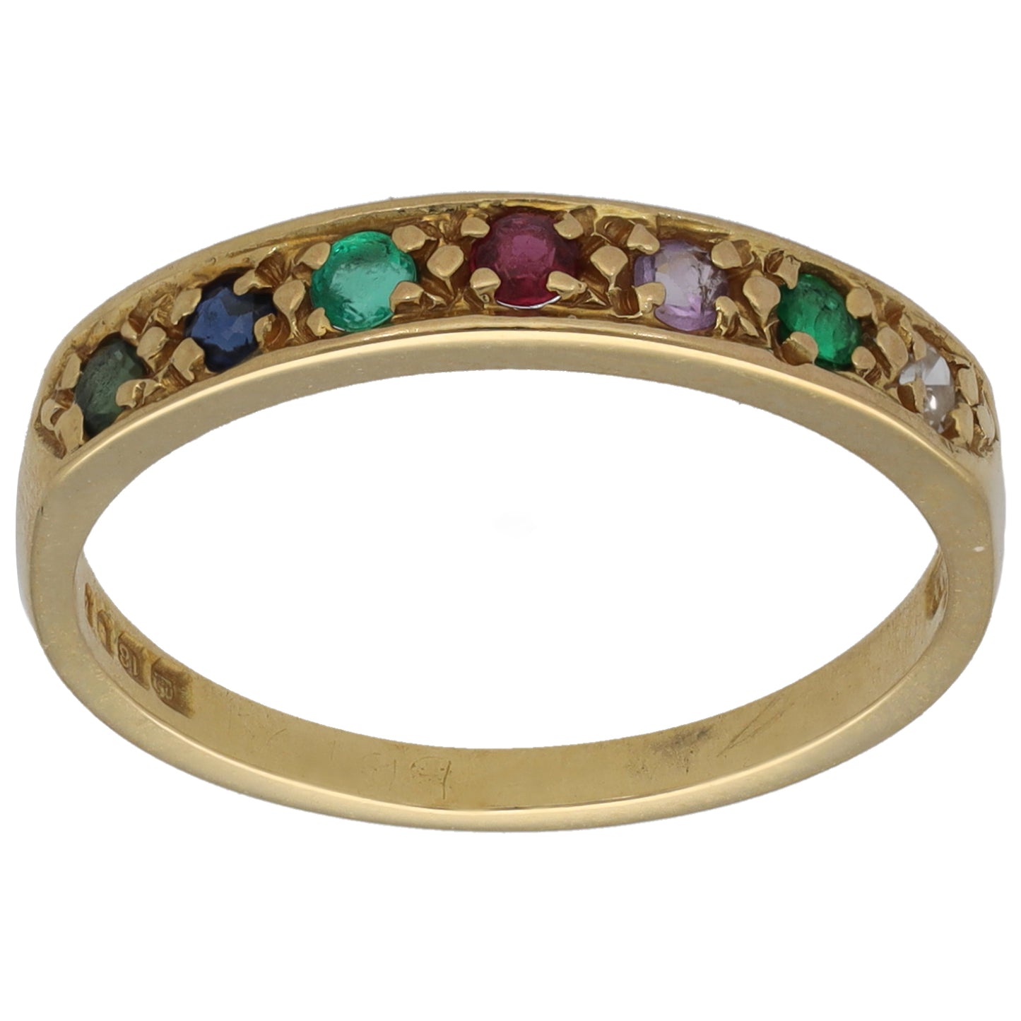 18ct Gold 0.03ct Diamond, Emerald, Amethyst, Ruby, Sapphire & Tourmaline Half Eternity Ring Size M