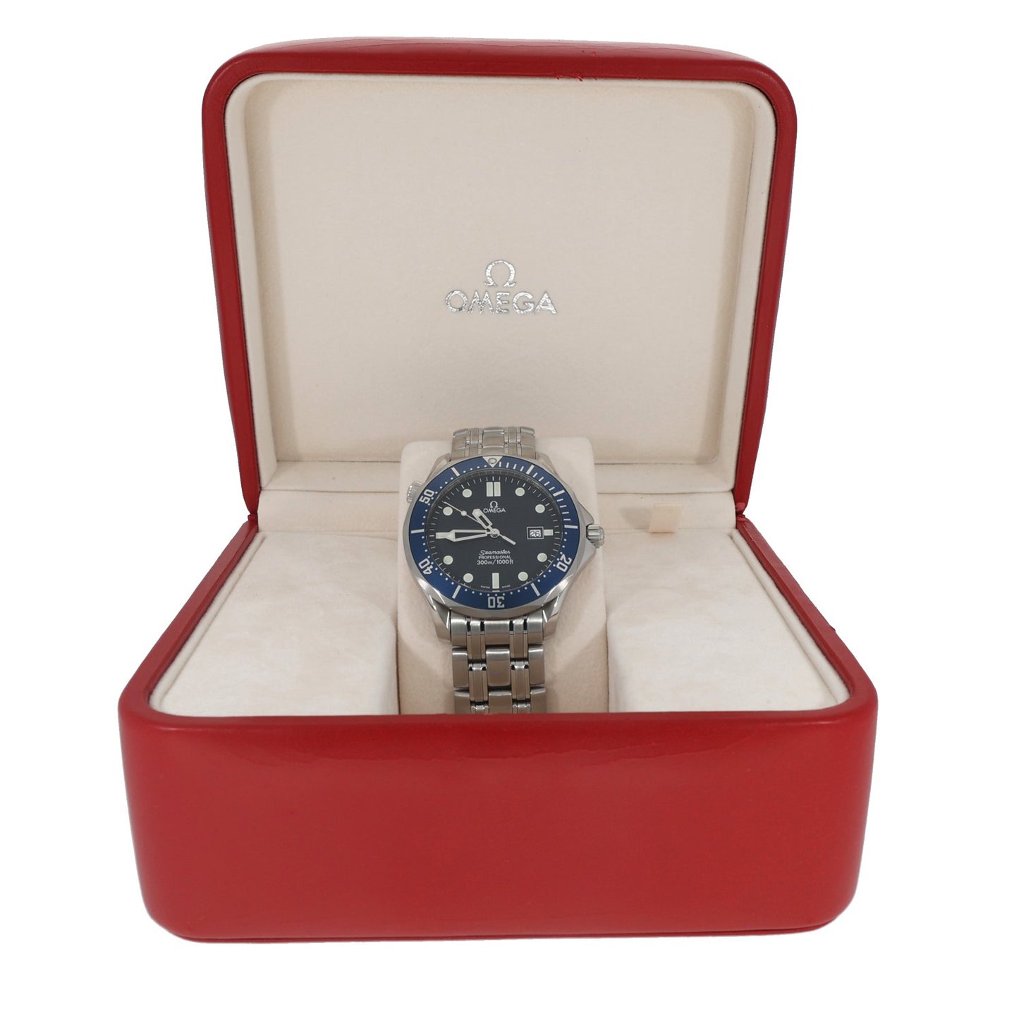Omega Seamaster 2541.80.00, stainless steel bracelet and case with a blue dial and bezel, in it's Omega box.