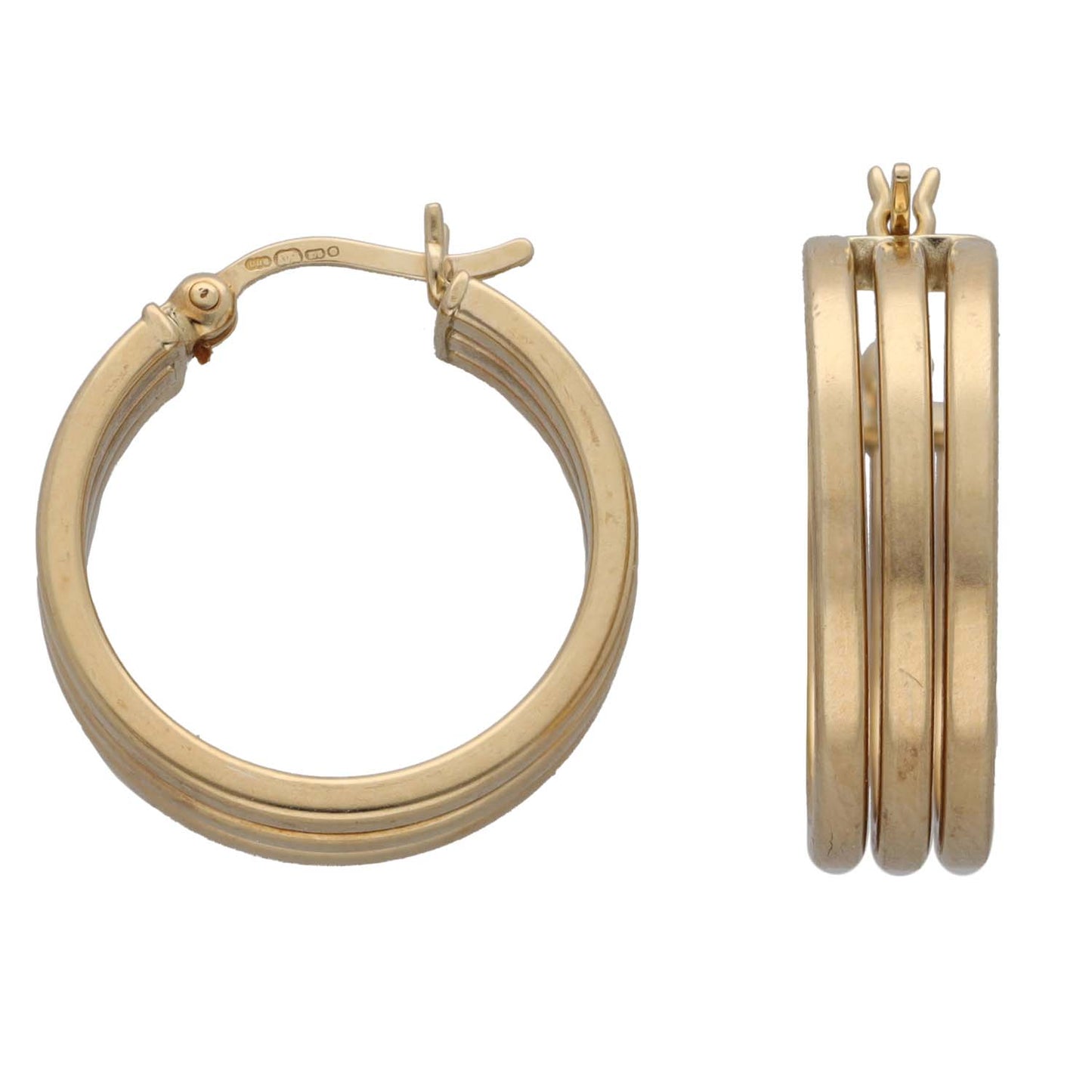 9ct gold hoop earrings with hinged clasp, smooth round profile
